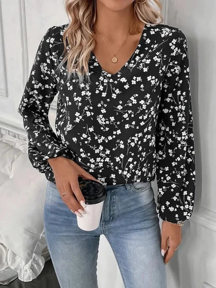 MDB Kadın Uzun Kollu V Yakalı çiçek Desenli Modal Bluz ürün görseli 1