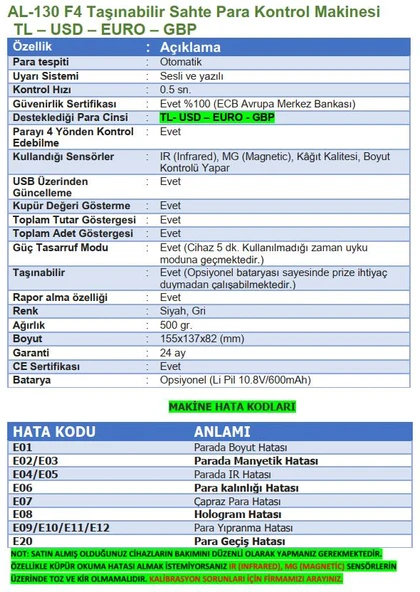Bill Counter AL-130 F4 SahtePara Kontrol Makinesi TL, USD, EURO, GBP - 4