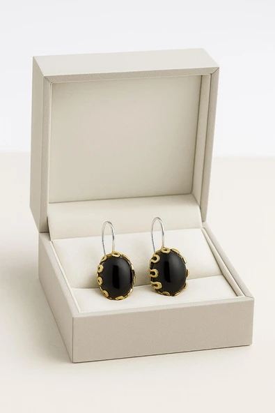 Lale Serisi El İşi Siyah Oniks Taşlı Gümüş Kadın Küpe - 3