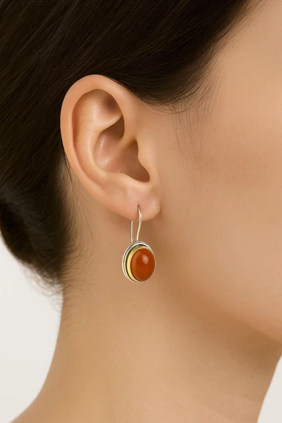 Sarma Serisi Kırmızı Akik Taşlı El İşi Kadın Otantik Gümüş Küpe - Resim 2