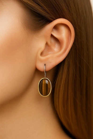 Asya Serisi El İşi Gümüş Kahverengi Kaplangözü Taşlı Bayan Küpe - Resim 2