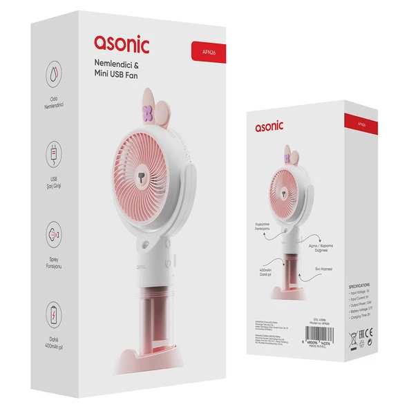 Asonic AFN26 Beyaz 500mAh 2 Kademe (Püskürtme Fonksiyon) Nemlendirici Sprey USB Fan Şarjlı - 2