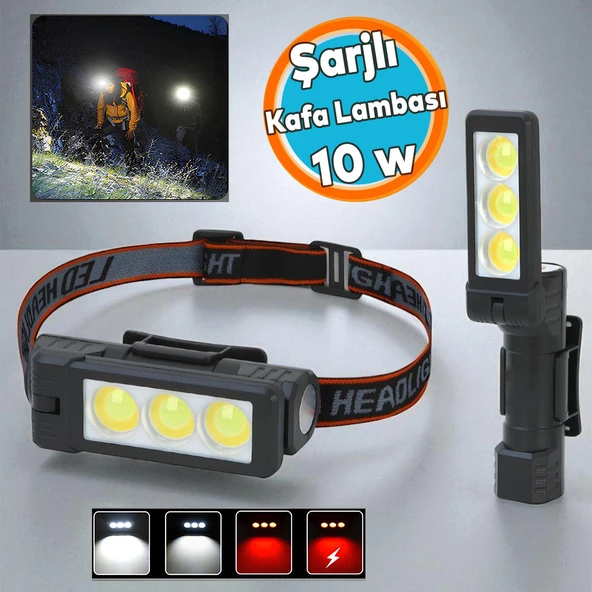 Kafa Feneri Kafa Lambası 3 LED 10W Uzun Menzil Usb Şarjlı Ledli Işık Su Geçirmez Kamp El Feneri ürün görseli