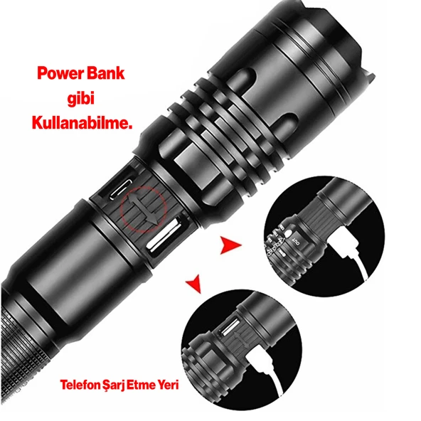 El Feneri P50  Şarjlı Pilli Led Işıldak Kamp Lambası Gece 800 metre Uzun Menzil Aydınlatma Beyaz Işık - Resim 2