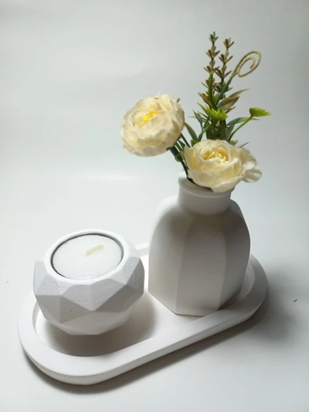 Geometrik Mumluk ve Vazo Dekoratif Tabaklı Set Beyaz Dekor - Resim 2