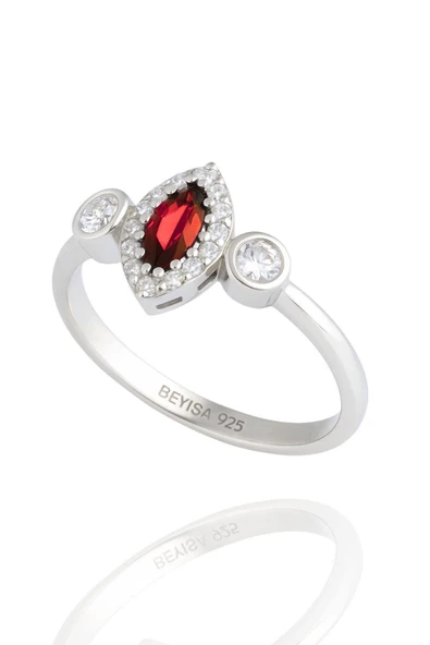 Minera Serisi 925 Ayar Gümüş Kırmızı Lal Zirkon Taşlı Mekik Yüzük