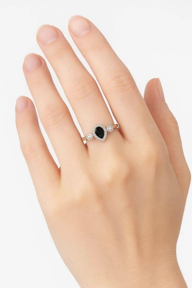 Minera Serisi 925 Ayar Gümüş Siyah Oniks Zirkon Taşlı Damla Yüzük - 3