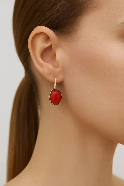 Lale Serisi El İşi Kırmızı Akik Taşlı Gümüş Kadın Küpe - 2