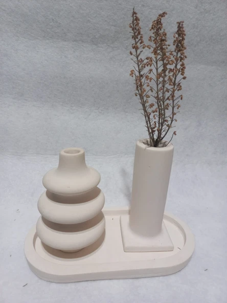 Dekoratif  3 Parça Tabaklı Vazo Set Beyaz Dekor - Resim 3