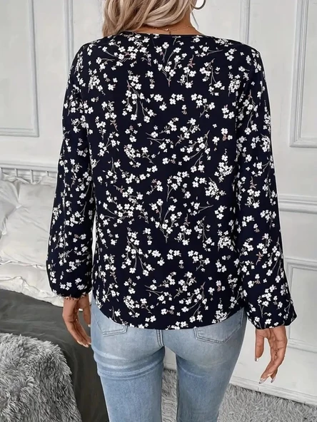 MDB Kadın Uzun Kollu V Yakalı çiçek Desenli Modal Bluz - Resim 3