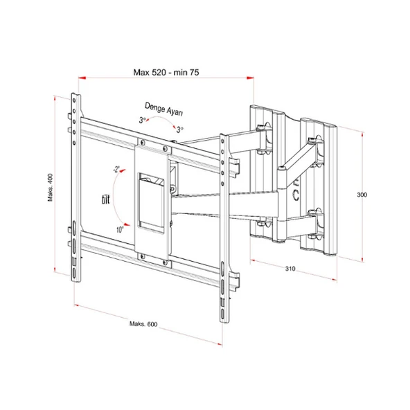 OEM 42" - 55" - 65" - 75" Çift Kollu Hareketli TV Askı Aparatı - 3