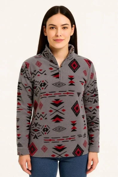 Kadın Yarım Fermuarlı Desenli Polar Sweat Tribal Etnik Desen Yakalı, Uzun Kollu, Oversize Rahat Kalıp - Füme - 2