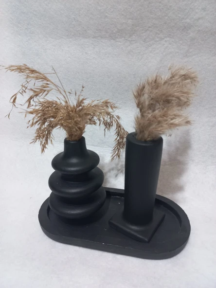 Dekoratif  3 Parça Tabaklı Vazo Set Siyah Dekor - Resim 2