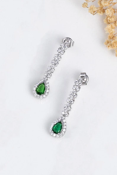 Gümüş Pazarım Zümrüt Taşlı Damla Motifli Rodyum Kaplama Gümüş Küpe - 4
