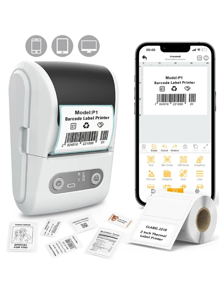 Mpı P1 Termal Yazıcı Etiket Yazıcısı Kablosuz Mini Taşınabilir Bluetooth, USB Şarjlı, Android, iOS