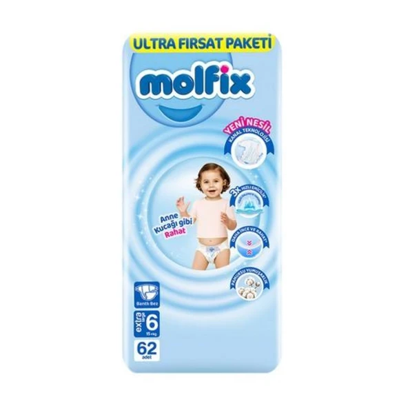 Molfix Bebek Bezi Ultra Fırsat Paketi 6 Beden 15+ Kg 62 Adet ürün görseli