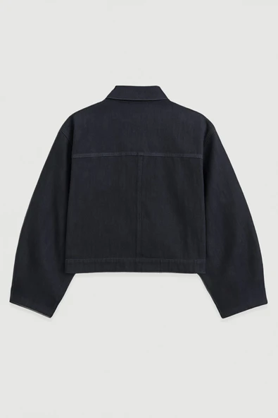 Kadın Cepli Oversize Lacivert Denim Ceket Gömlek - 2