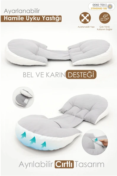 Hamile Uyku Yastığı , Emzirme ve Oturma Destek Yastığı Gri