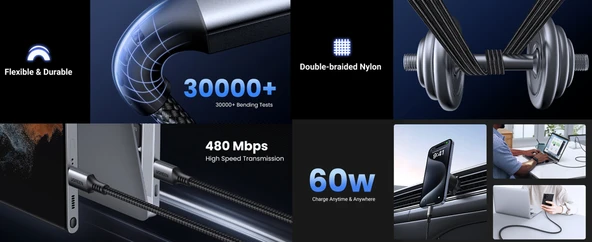 UGREEN USB-C 60W 3A QC PD Örgülü Hızlı Şarj Kablosu, 1 Metre, Siyah, 15373 - Resim 4