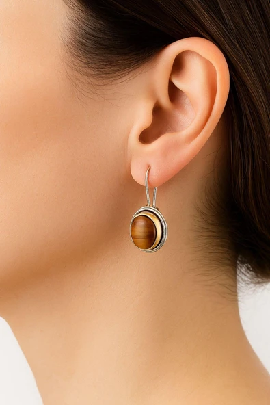 Sarma Serisi Kaplangözü Taşlı El İşi Kadın Otantik Gümüş Küpe - Resim 2