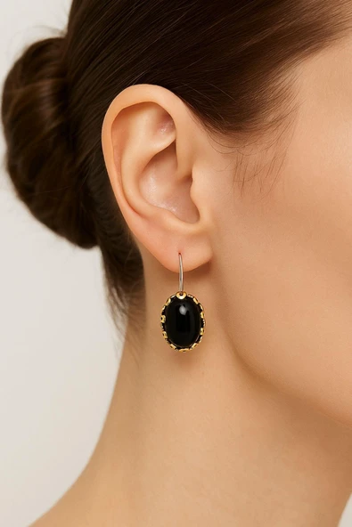 Lale Serisi El İşi Siyah Oniks Taşlı Gümüş Kadın Küpe - 2