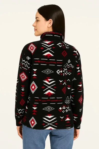 Kadın Yarım Fermuarlı Desenli Polar Sweat Tribal Etnik Desen Yakalı, Uzun Kollu, Oversize Rahat Kalıp - Siyah - 3