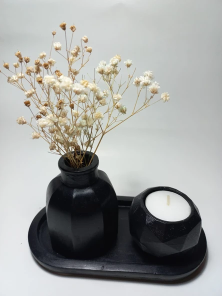 Geometrik Mumluk ve Vazo Dekoratif Tabaklı Set Siyah Dekor - Resim 2
