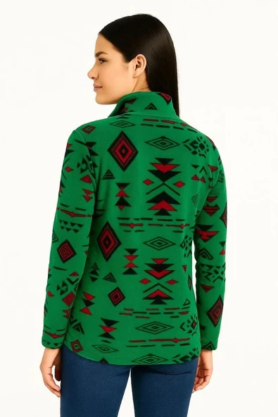Kadın Yarım Fermuarlı Desenli Polar Sweat Tribal Etnik Desen Yakalı, Uzun Kollu, Oversize Rahat Kalıp - Yeşil - 2
