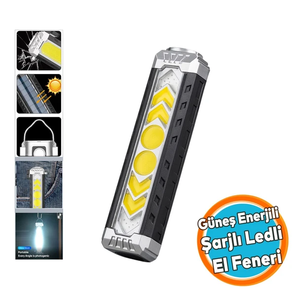 Güneş Enerjli El Feneri Ledli 15W Şarjlı Mıknatıslı Askılı Kamp Taktik El Feneri Su Geçirmez ürün görseli