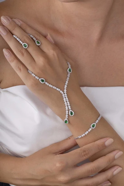 Gümüş Pazarım Zümrüt Taşlı Damla Motifli Rodyum Kaplama Gümüş Düğün Seti - 3