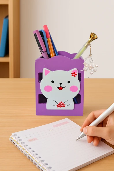 Ahşap Masaüstü Kalemlik Sevimli Kedi Mor - 1 Adet ürün görseli 1