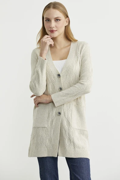 Cepli Uzun Yünlü Triko Hırka - Taş - Resim 3