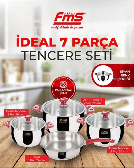 FMS 6001 Siyah İdeal 7 Parça Çelik Tencere Seti