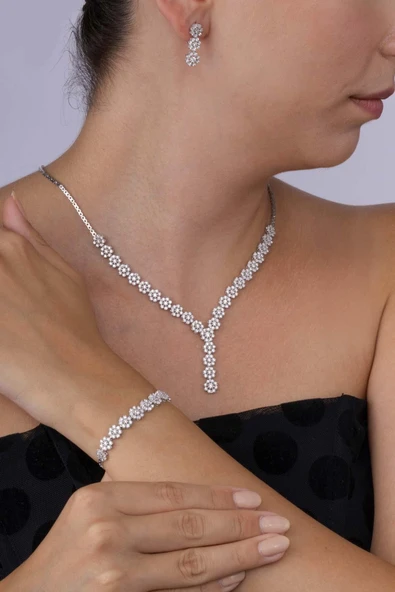 Gümüş Pazarım Papatya Montürlü Rodyum Kaplama 925 Ayar Gümüş Düğün Seti - 2