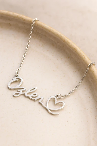 Kişiye Özel Yatay Kalpli İsimli Gümüş Kolye 925 Ayar Gümüş - 4