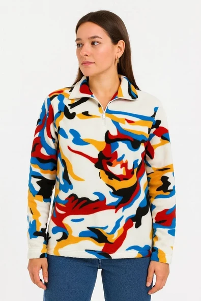 Kadın Yarım Fermuarlı Desenli Polar Sweat – Renkli Abstract Desen Yakalı, Uzun Kollu, Oversize Rahat Kalıp - Beyaz - 3