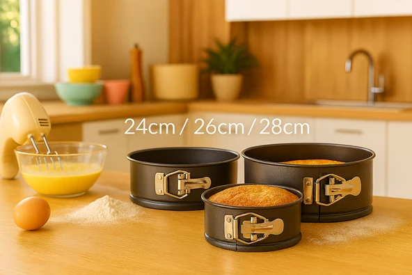 3’lü Metal Kelepçeli Kek Kalıbı Seti 24-26-28 cm Yapışmaz Çıkartılabilir Tabanlı - Resim 2