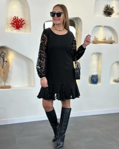 MDB Kadın Uzun Kollu Yuvarlak Yaka Kol Ve Etek Ucu Dantelli Kısa Ithal Krep Elbise ürün görseli 1