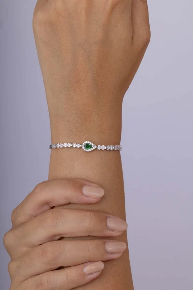 Gümüş Pazarım Zümrüt Taşlı Damla Motifli Rodyum Kaplama Gümüş Bileklik - 2