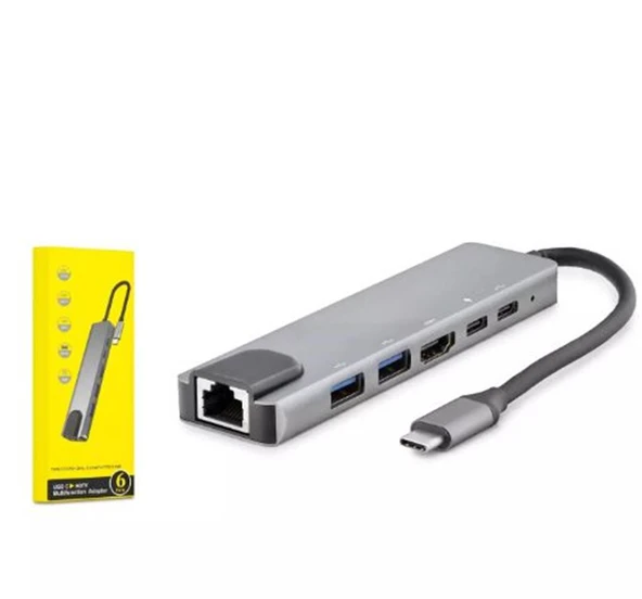 HADRON HDX7791 TYPE-C HDTV COMBO HDMI 4K 30HZ + 2-TYPE-C + 2-USB3.0 + LAN 6IN1 GRİ ürün görseli