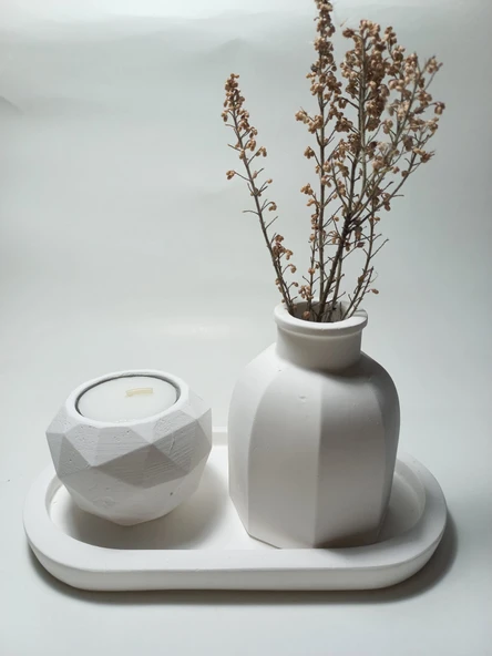 Geometrik Mumluk ve Vazo Dekoratif Tabaklı Set Beyaz Dekor ürün görseli 1