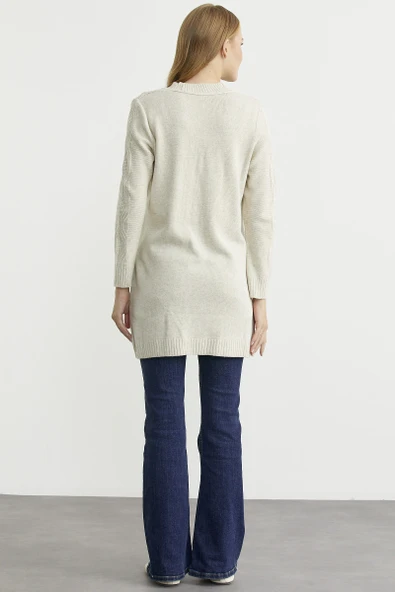 Cepli Uzun Yünlü Triko Hırka - Taş - Resim 6