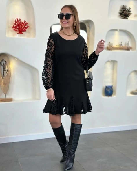 MDB Kadın Uzun Kollu Yuvarlak Yaka Kol Ve Etek Ucu Dantelli Kısa Ithal Krep Elbise - Resim 2