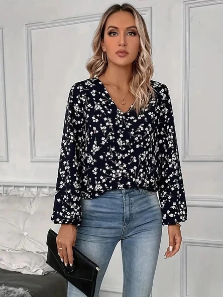 MDB Kadın Uzun Kollu V Yakalı çiçek Desenli Modal Bluz - Resim 5