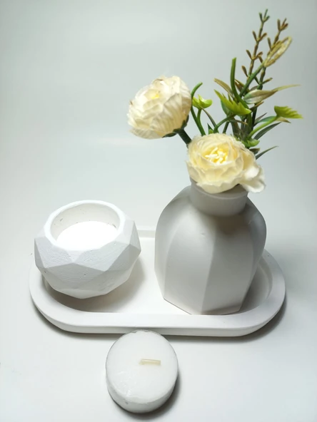 Geometrik Mumluk ve Vazo Dekoratif Tabaklı Set Beyaz Dekor - Resim 3