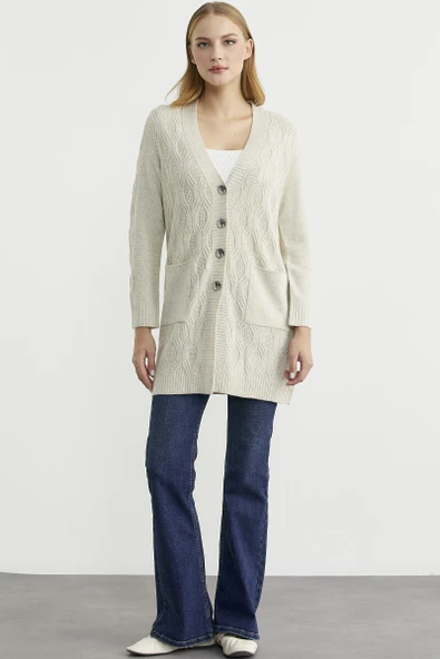 Cepli Uzun Yünlü Triko Hırka - Taş - Resim 2