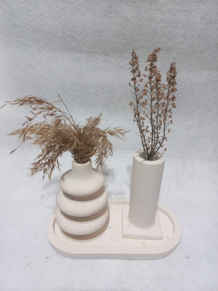 Dekoratif  3 Parça Tabaklı Vazo Set Beyaz Dekor - Resim 2