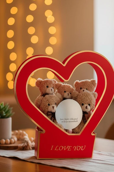 Özel Kalpli Kutuda Romantik Mesajlı Aynası ile Boz 5'li Peluş Ayıcık Buleti - Resim 4