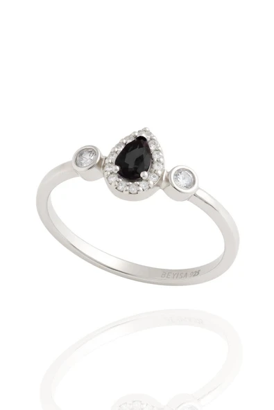 Minera Serisi 925 Ayar Gümüş Siyah Oniks Zirkon Taşlı Damla Yüzük