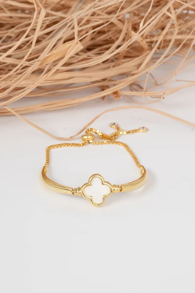 925 ayar gümüş altın yaldızlı sedefli yonca modeli asansörlü bileklik SGTL13056BEYAZ - Resim 4